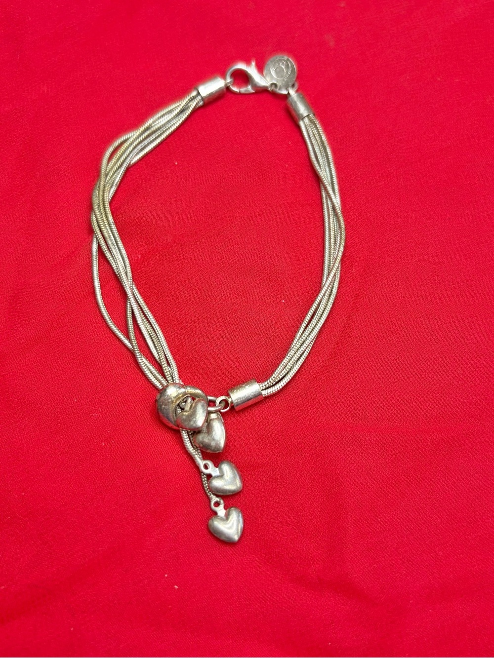 925 Sterling Silver Multiple Strand Loop Through Tassel Puffy Heart Bracelet